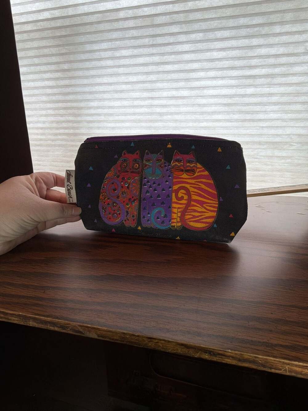Laurel Burch Colorful Painted Cats On Black Canvas Cosmetic Utility Bag